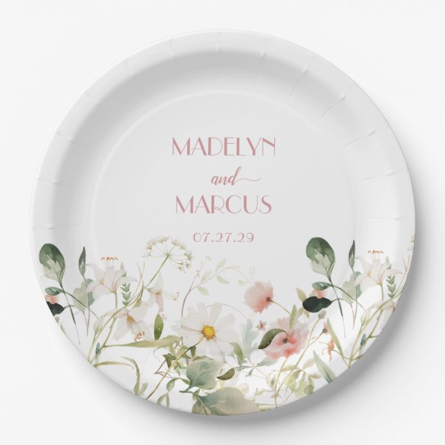 Pink and White Wildflowers Wedding Reception  Paper Plates (Front)