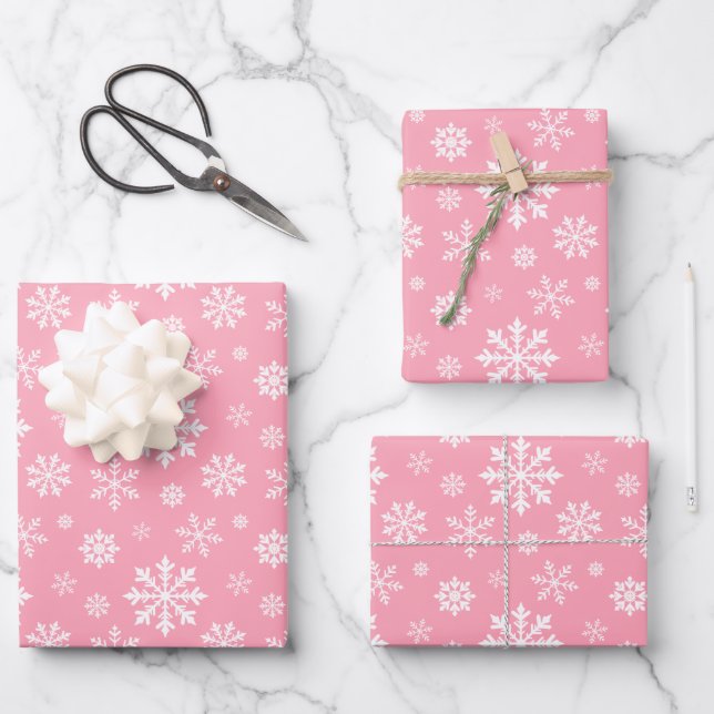 Pink And White Winter Snowflakes Pattern Wrapping Paper Sheets (Front)