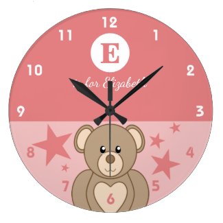 Pink and white with a cute teddy stars baby name large clock