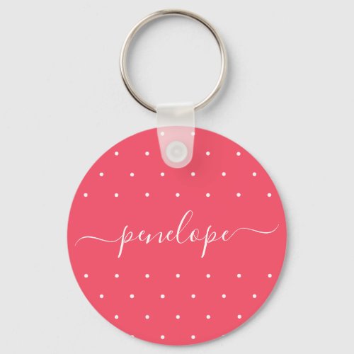Pink and White with Dots and Name Typography Keychain