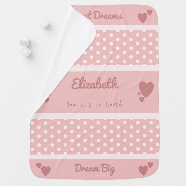 Pink and white with polka dots and a name baby blanket (In Situ)