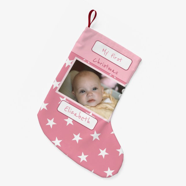 Pink and white with stars photo and name first small christmas stocking (Front (Hanging))