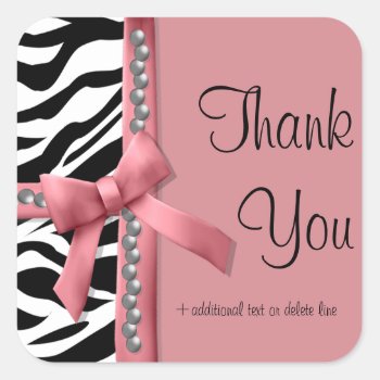 Pink And White Zebra Striped With Silver Pearls Square Sticker by malibuitalian at Zazzle