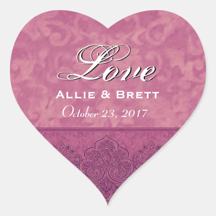 Pink and Wine Love Damask Bride Groom Wedding V008 Heart Stickers