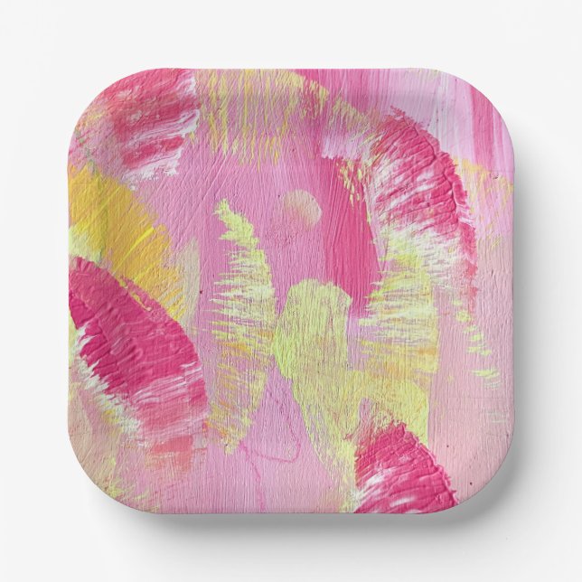 Pink and Yellow Abstract Art Paper Plate (Front)