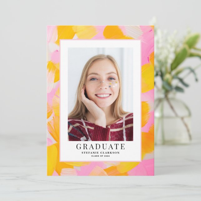 Pink and Yellow Acyrlic Background Graduation Announcement (Standing Front)