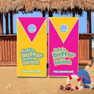 Pink and yellow beach house family Cornhole Set
