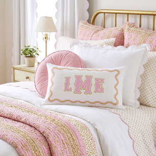 Pink and Yellow Bespoke Scalloped Monogram Lumbar Pillow