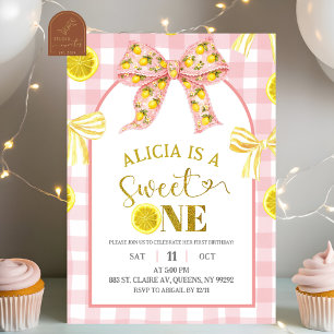 Pink and Yellow Bow Sweet One Lemon Birthday Invit Invitation