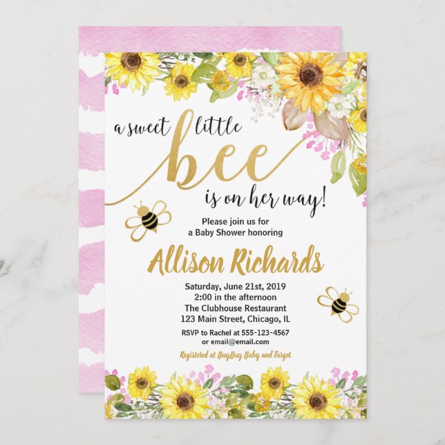 Pink and yellow bumble bee girl baby shower invitation (Front/Back)