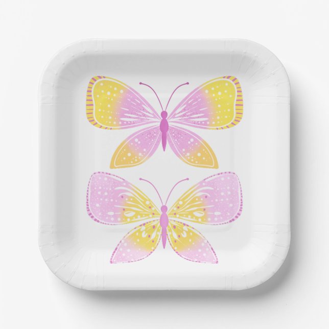 Pink and Yellow Butterflies Paper Plates (Front)