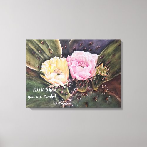 Pink and Yellow Cactus Flowers in Watercolors Canvas Print