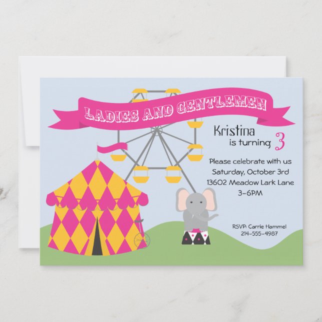 Pink and Yellow Carnival Birthday Party Invitation (Front)