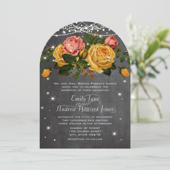 Pink and Yellow Chalkboard Heirloom Rose Wedding Invitation (Standing Front)