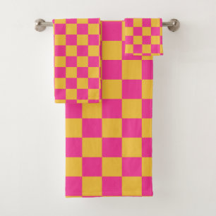 Pink and Yellow Checkerboard Bath Towel Set