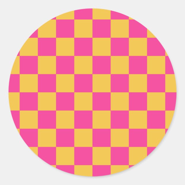 Pink and Yellow Checkerboard Classic Round Sticker (Front)