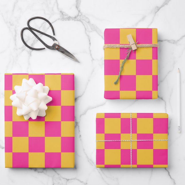 Pink and Yellow Checkerboard Wrapping Paper Sheets (Front)