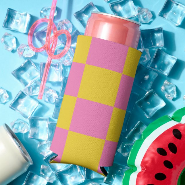 Pink and Yellow Checkered Pattern Seltzer Can Cooler (In Situ Summer)