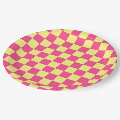 Pink and Yellow Checkered Print Paper Plates