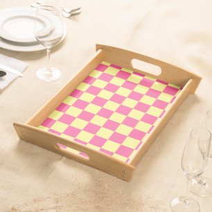 Pink and Yellow Checkered Print Serving Tray