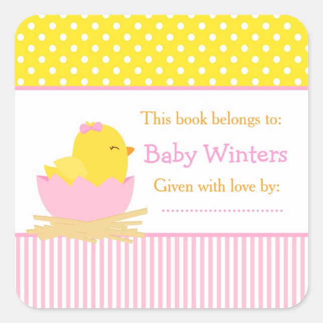 Pink and Yellow Chick Baby Shower Bookplate (Front)