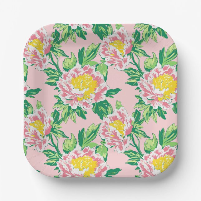 Pink and Yellow Chinoiserie Floral Paper Plates (Front)