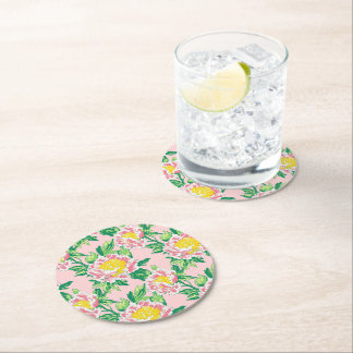 Pink and Yellow Chinoiserie Floral Round Paper Coaster
