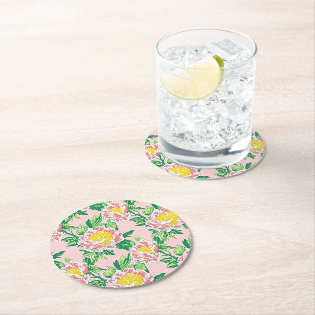 Pink and Yellow Chinoiserie Floral Round Paper Coaster (Insitu)