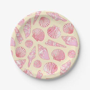 Pink and Yellow Coastal Painted Seashells Paper Plates