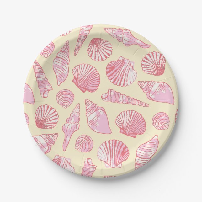 Pink and Yellow Coastal Painted Seashells Paper Plates (Front)