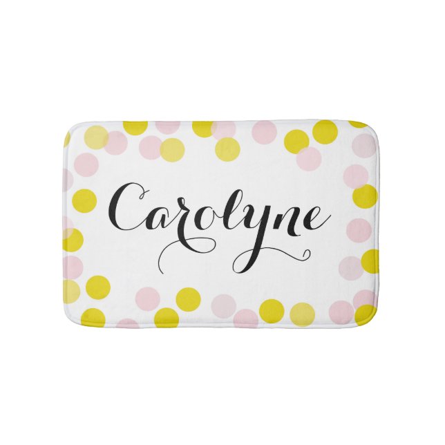 Pink and Yellow Confetti Dots Pattern Personalized Bath Mat (Front)