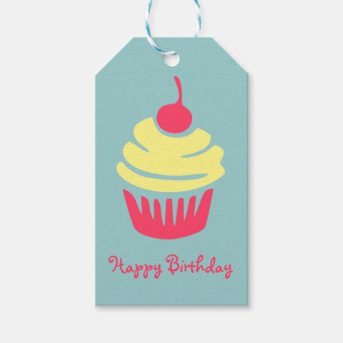 Pink and Yellow Cupcake Cherry On Top Birthday Gift Tags