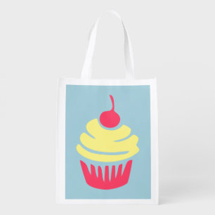 Pink and Yellow Cupcake with Cherry On Top Grocery Bag