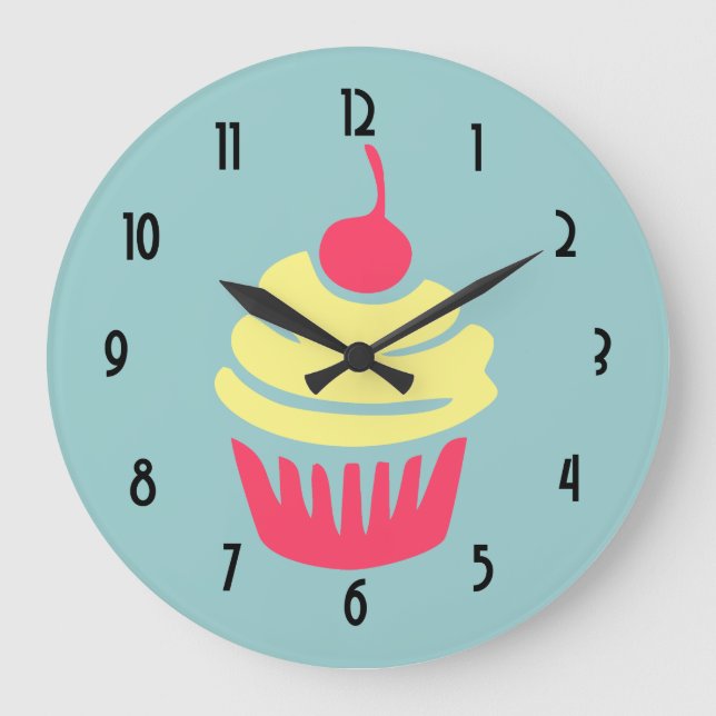 Pink and Yellow Cupcake with Cherry On Top Large Clock (Front)