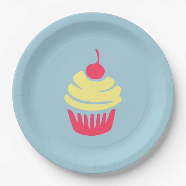 Pink and Yellow Cupcake with Cherry On Top Paper Plates (Front)