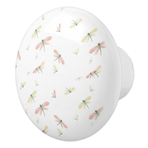 Pink and Yellow Dragonflies on White Ceramic Knob 