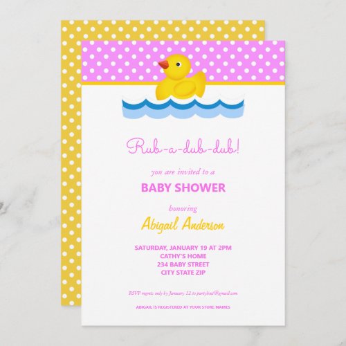 Pink and Yellow Duck Polka Dots Baby Shower Invitation