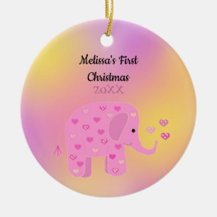 Pink and Yellow Elephant Baby First Christmas Ceramic Ornament