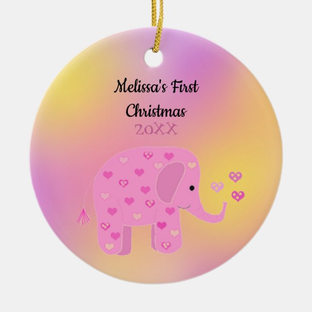 Pink and Yellow Elephant Baby First Christmas Ceramic Ornament (Front)