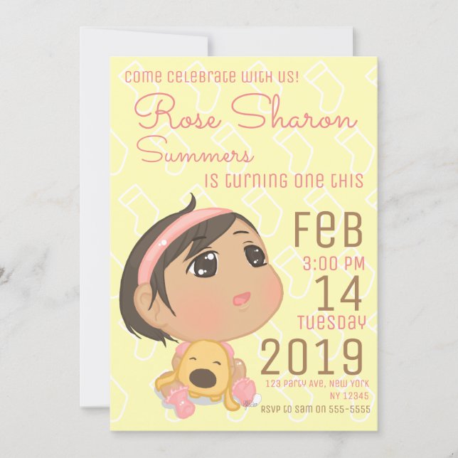 Pink and Yellow First Birthday Baby Girl Party Invitation (Front)