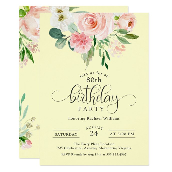 Pink and Yellow Floral 80th Birthday Party Invitation