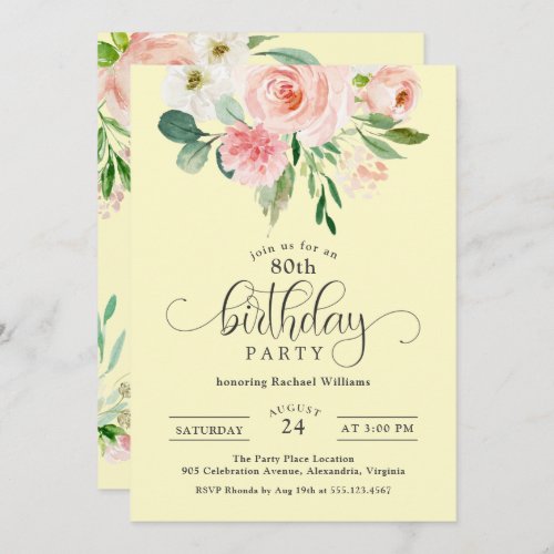 Pink and Yellow Floral 80th Birthday Party Invitation