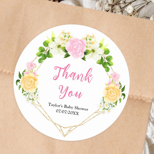 Pink and Yellow Floral Baby Shower Thank You Classic Round Sticker