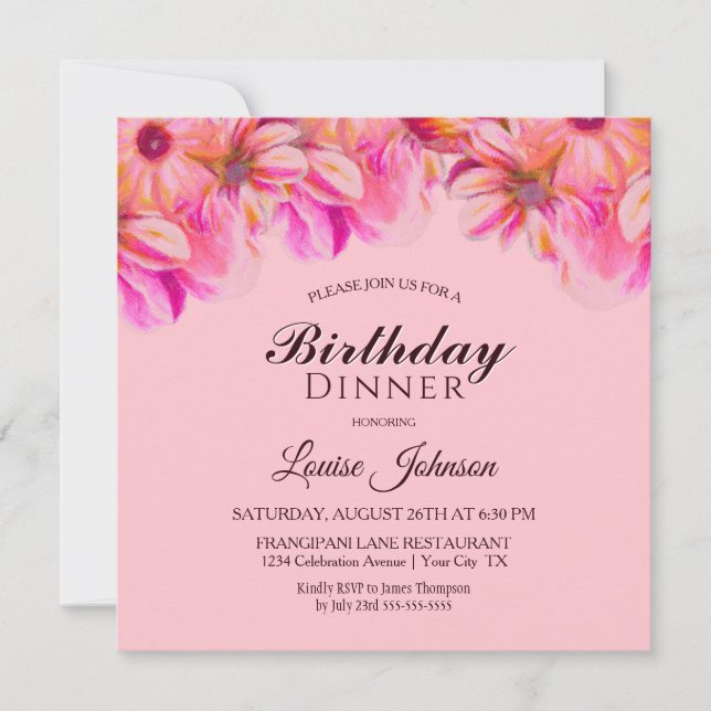 Pink and Yellow Floral Birthday Dinner Party  Invitation (Front)