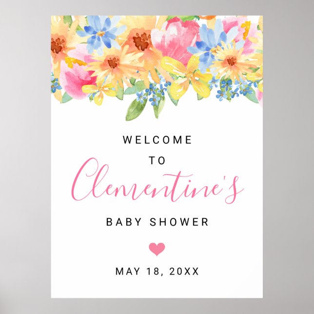 Pink and Yellow Floral Bridal Shower Welcome Poster (Front)