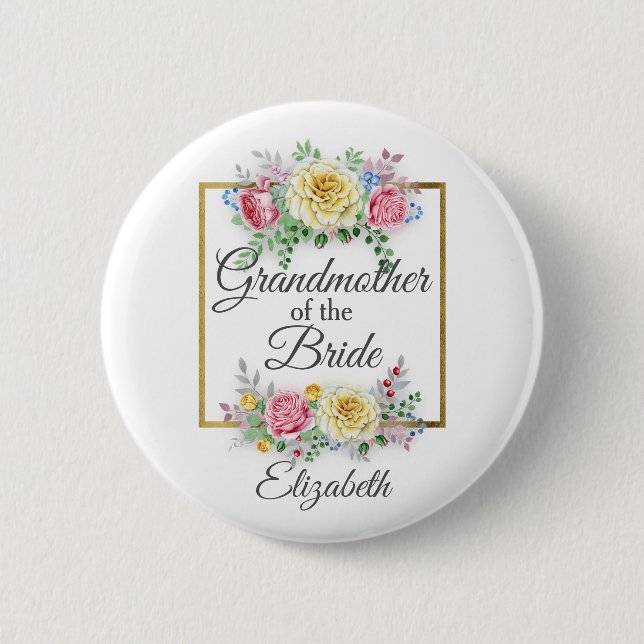 Pink and Yellow Floral Grandmother of the Bride Pinback Button (Front)