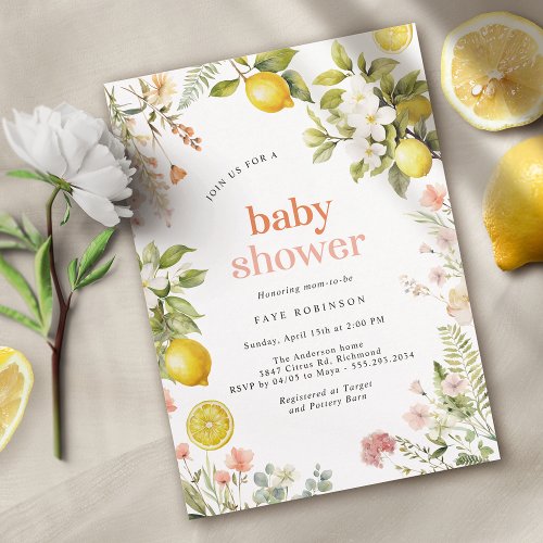 Pink and Yellow  Floral Lemon Citrus Baby Shower Invitation