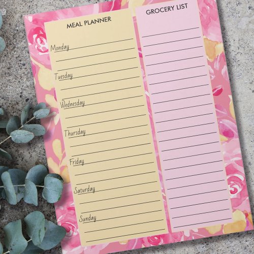 Pink and Yellow Floral Meal Planner  Grocery List Notepad