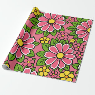 Pink and Yellow Floral Pattern with Green Leaves Wrapping Paper