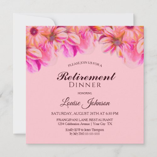 Pink and Yellow Floral Retirement Dinner Party Invitation